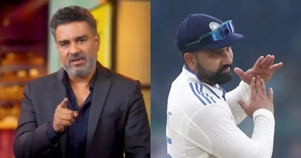 Side-by-side images: On the left, a man with short hair and a beard wearing a dark suit gestures while speaking. On the right, a cricketer wearing a white uniform, blue cap, and sunglasses claps his hands during a game.