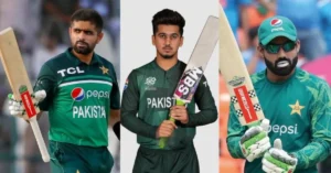 "Three Pakistani cricketers wearing green uniforms, holding cricket bats. The cricketer on the left has a serious expression, the one in the center looks directly at the camera, and the cricketer on the right wears sunglasses and appears to be in a match setting."